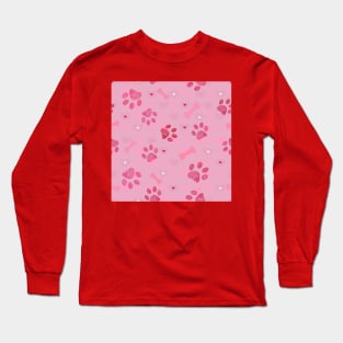 Pink paw prints pattern with bones Long Sleeve T-Shirt